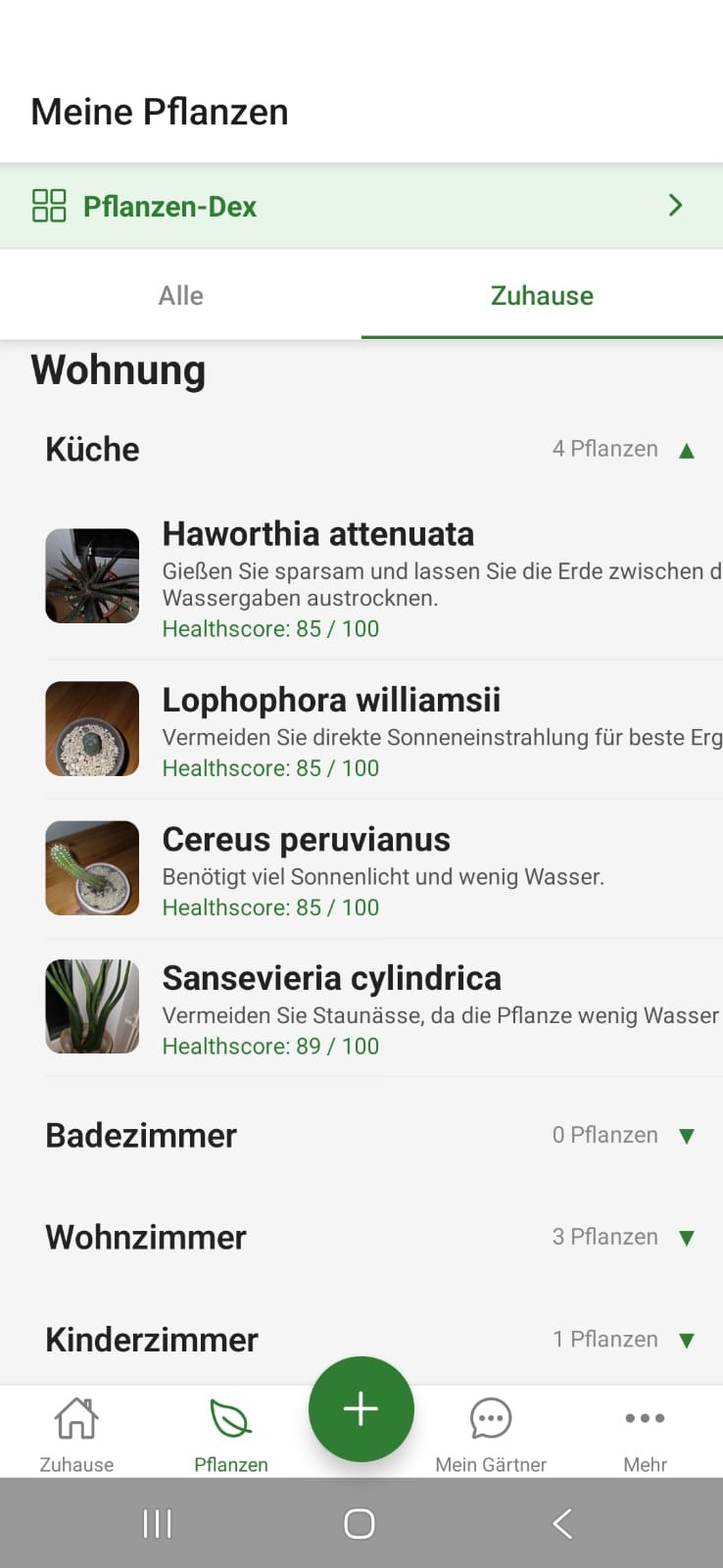 FloraScout Zuhause-Ansicht mit Pflanzen nach Räumen