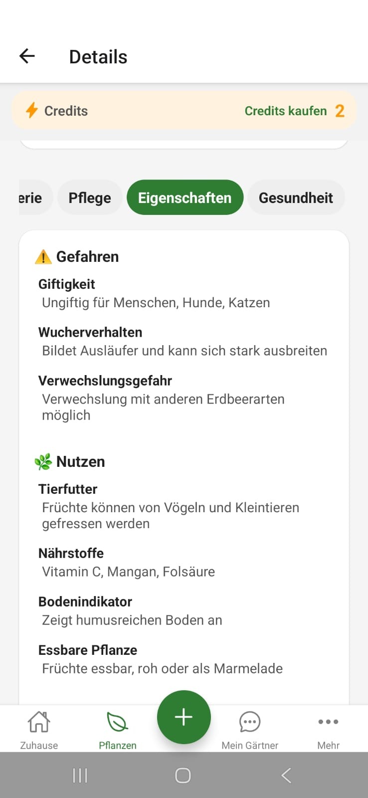 FloraScout Detailansicht mit Eigenschaften und Gefahren