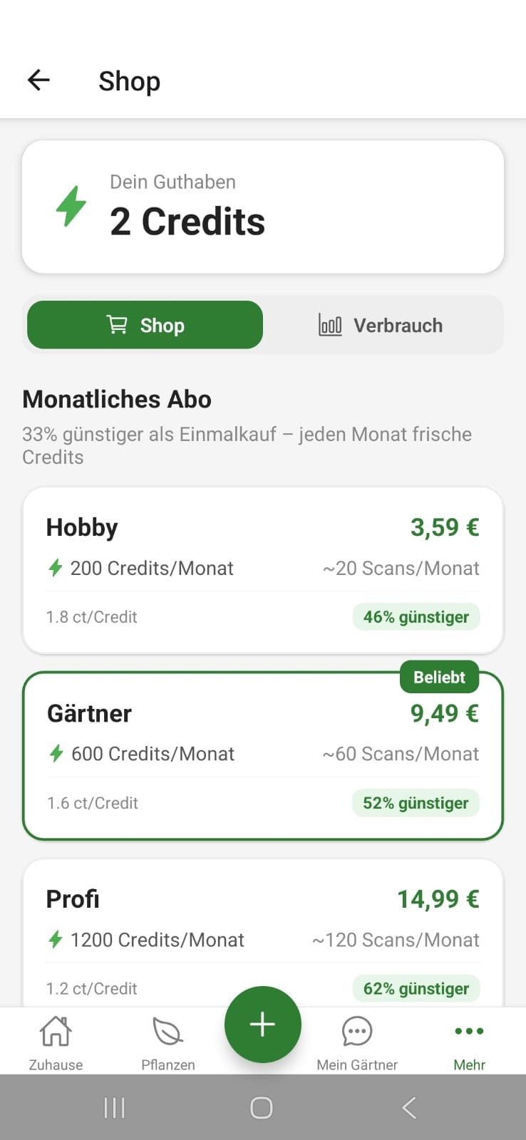FloraScout Shop mit Credits und Monatsabos