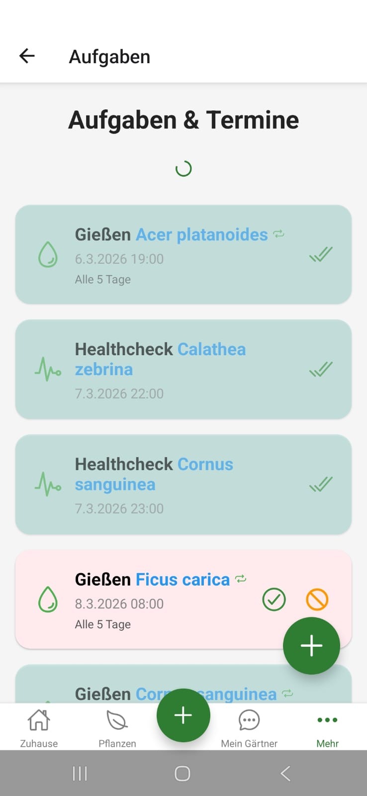 FloraScout Aufgaben und Termine für Pflanzenpflege